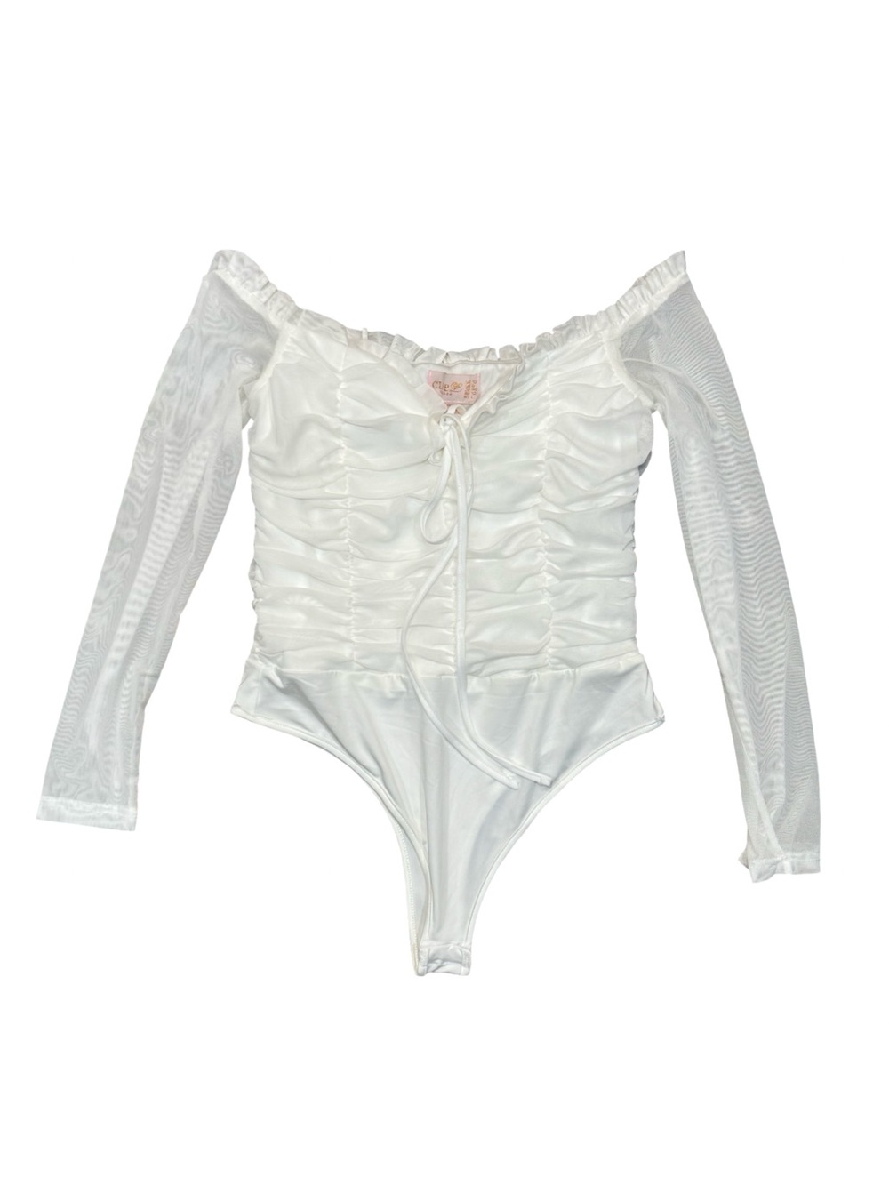 ▫️🤍 NWOT Off-Shoulder White Ruched Long Sleeve Bodysuit with Front Tie 🤍▫️